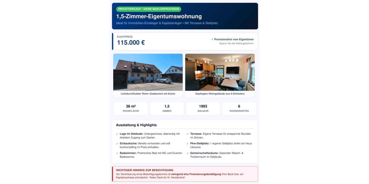 Erdgeschoßwohnung Nagold - 1.5 Zimmer, 38 m&sup2;, 115.000&euro; | Angebot:27226354