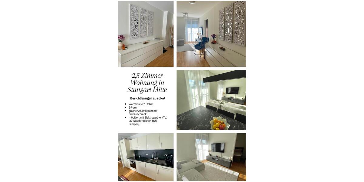 Etagenwohnung Stuttgart - 2.5 Zimmer, 59 m&sup2;, 1.332&euro; | Angebot:25924869