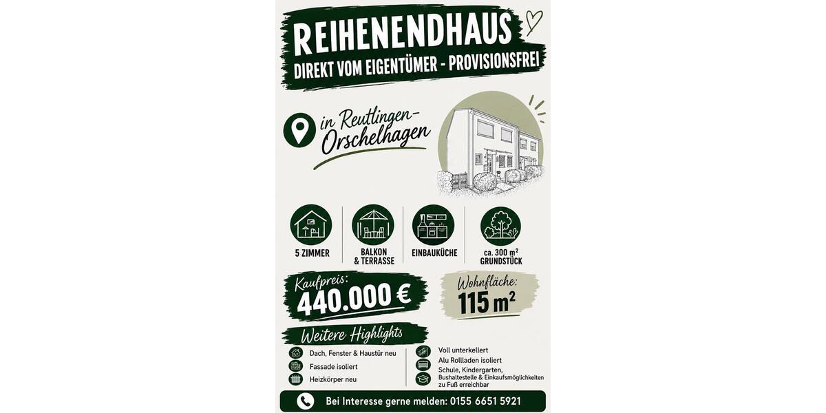 Reihenhaus Reutlingen Orschel-Hagen - 5 Zimmer, 115 m&sup2;, 440.000&euro; | Angebot:27194783