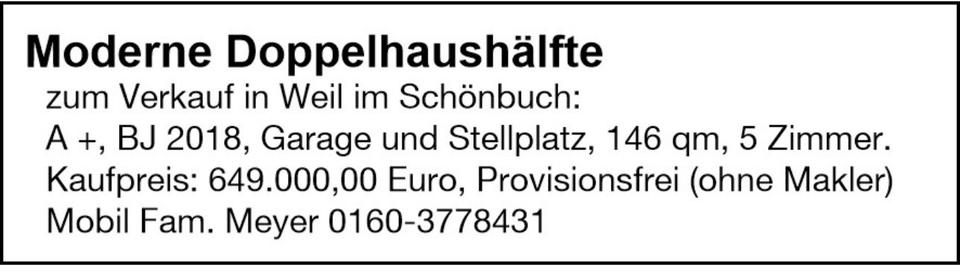 Doppelhaushälfte Weil Im Schönbuch - 5 Zimmer, 146 m&sup2;, 629.000&euro; | Angebot:26225591