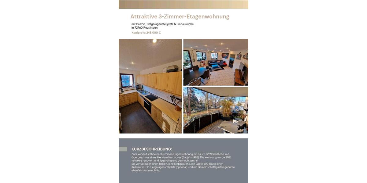 Etagenwohnung Reutlingen Orschel-Hagen - 3 Zimmer, 72 m&sup2;, 248.000&euro; | Angebot:25833441